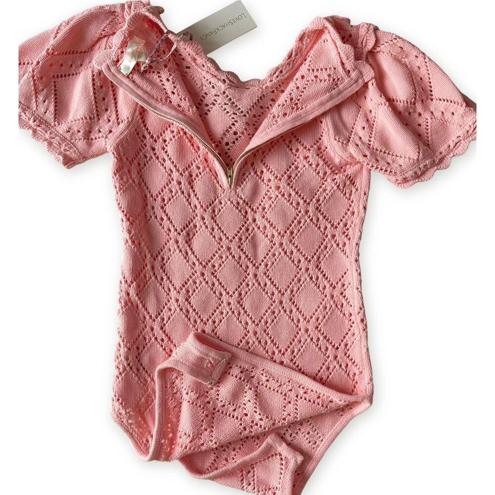 LoveShackFancy NWT Forte Small Peach Pink Strawberry Appliqué Knit Bodysuit - Picture 11 of 16